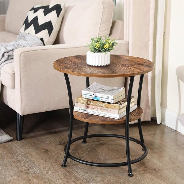 Side Table, Round End Table with 2 Shelves, Living Room, Bedroom, Easy Assembly, Metal, Industrial Design, Rustic Brown