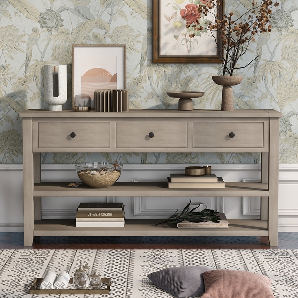 Retro Design Console Table with Two Open Shelves , Solid Pine Frame and Legs