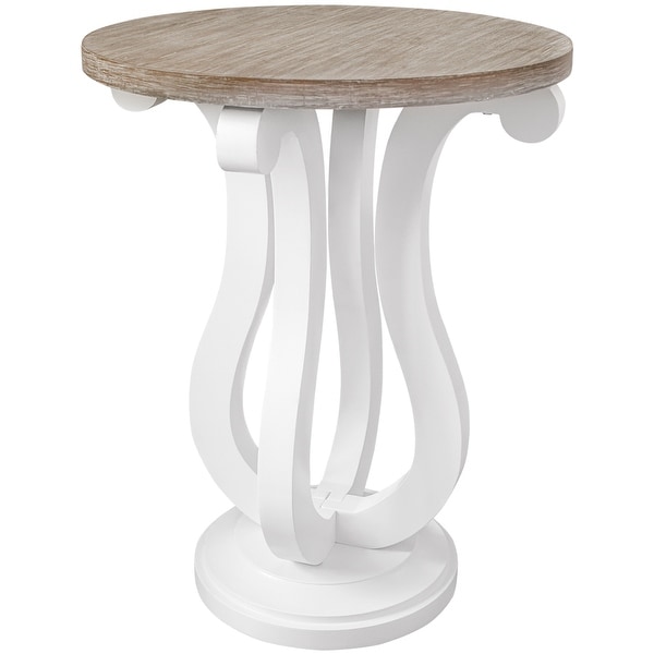 Farmhouse Round End Table, Rustic Wood Side Table for Living Room/Bedroom, White/Natural