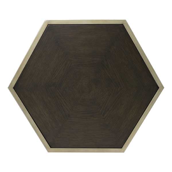 24” Gold and Brown Wood Contemporary Hexagonal Accent Table