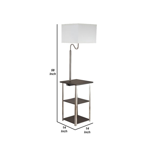 2 Shelf Wooden Side Table with Attached Floor Lamp, Silver and Brown
