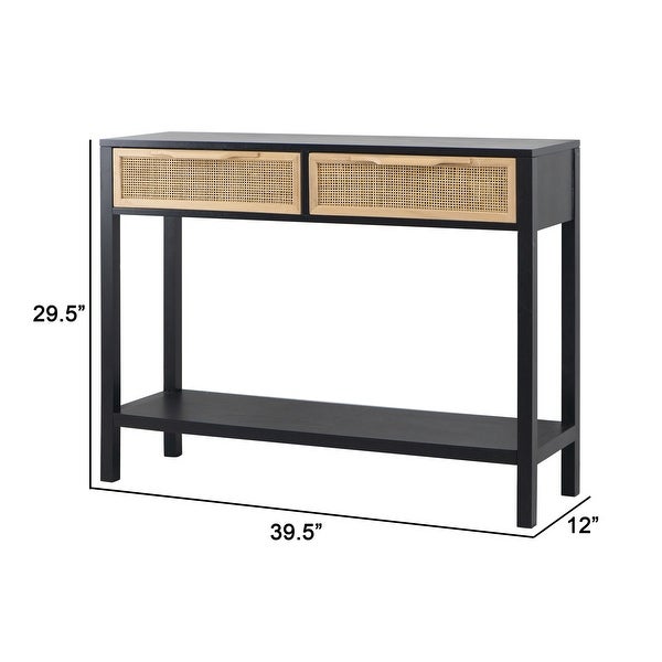 Dana 39 Inch Sofa Console Table, 2 Rattan Drawers, Black Finish, Brown