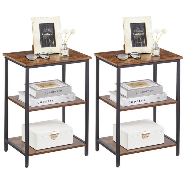 Set of 2 End Table With Wood Storage Shelf, 3-Tier Bedside Sofa Side End Table Storage Display Shelf