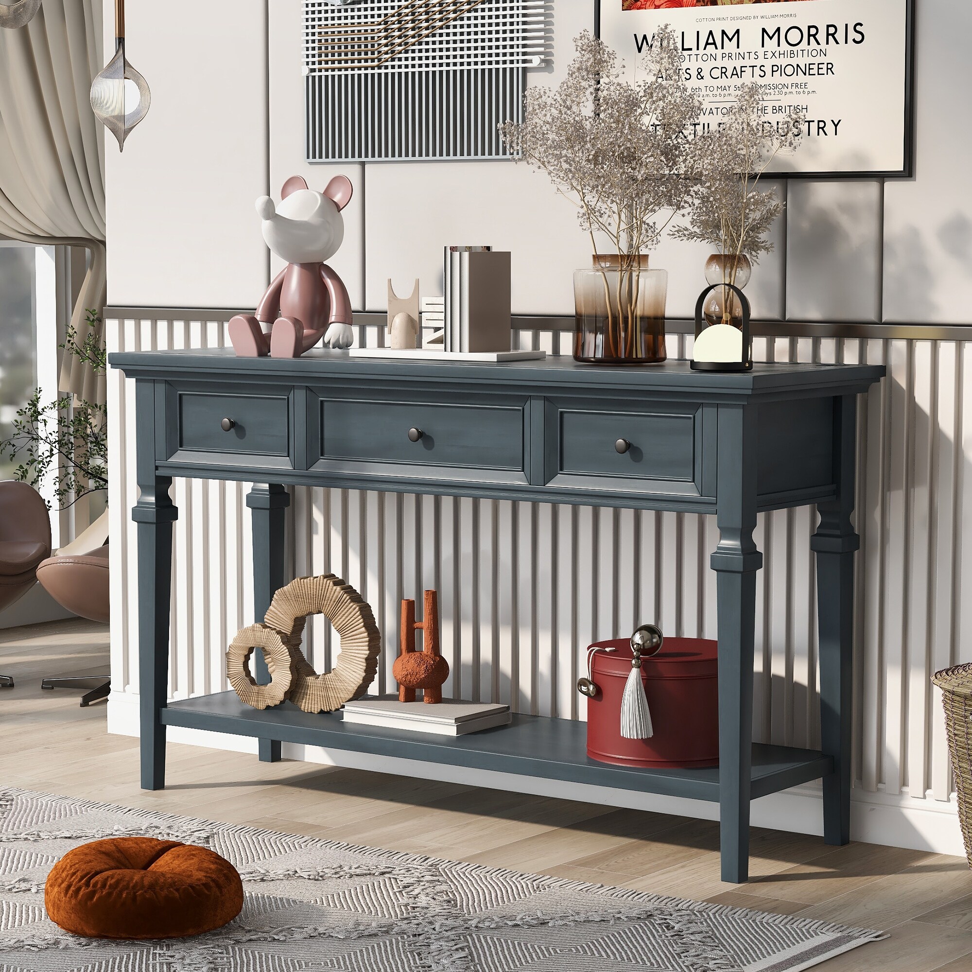 Classic American Retro Style Console Table with 3 Top Drawers and Open Style Bottom Shelf, Solid Wood Sofa Table for LivingRoom