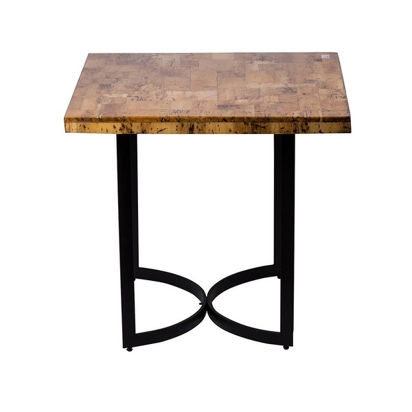 32 Inch Side End Table, Hardwood Square Top, Curved Iron Base, Brown, Black