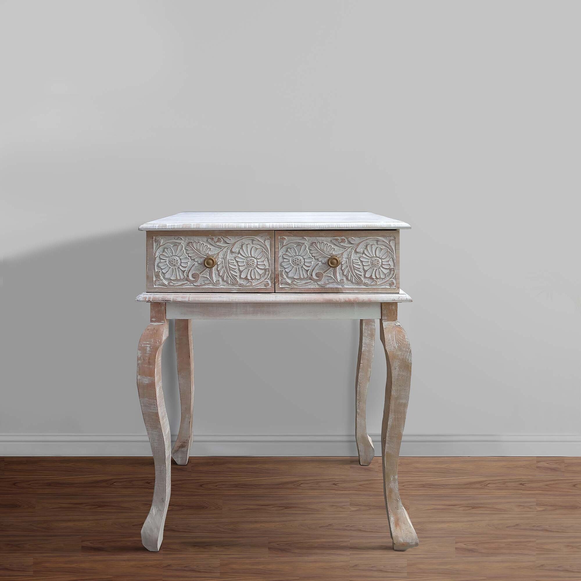 2 Drawer Mango Wood Console Table with Floral Carved Front, Brown and White