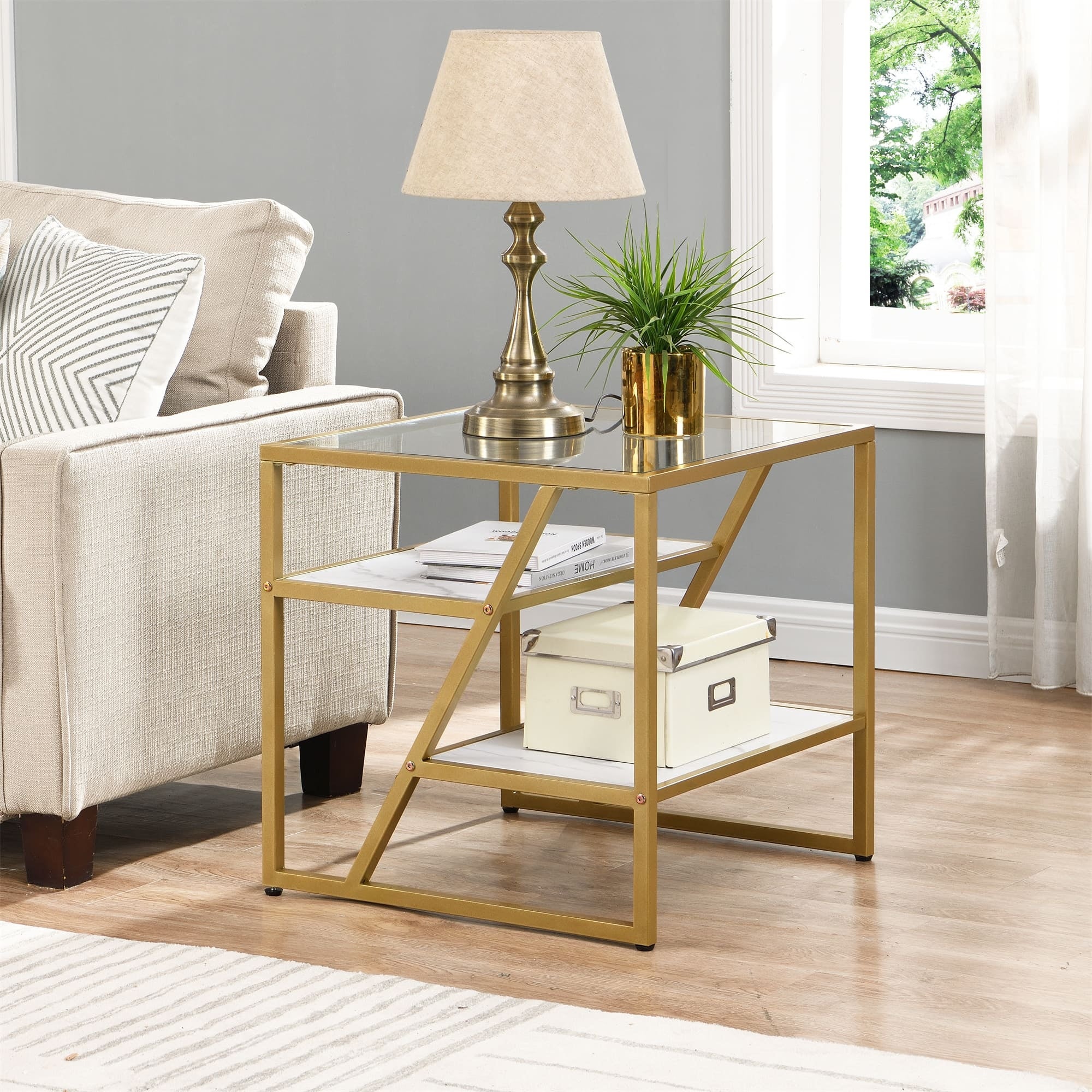3-Tier Storage Side Table Modern Square End Table with Metal Frame Sofa Table for Couch, Bedroom, Living Room,Office