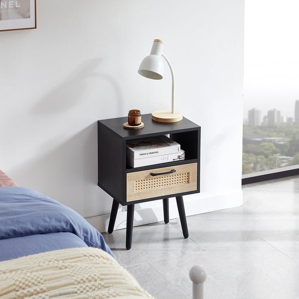 Modern Rattan Side table/Nightstand with 1 Shelf,1 drawer and 4 Solid Wood Legs