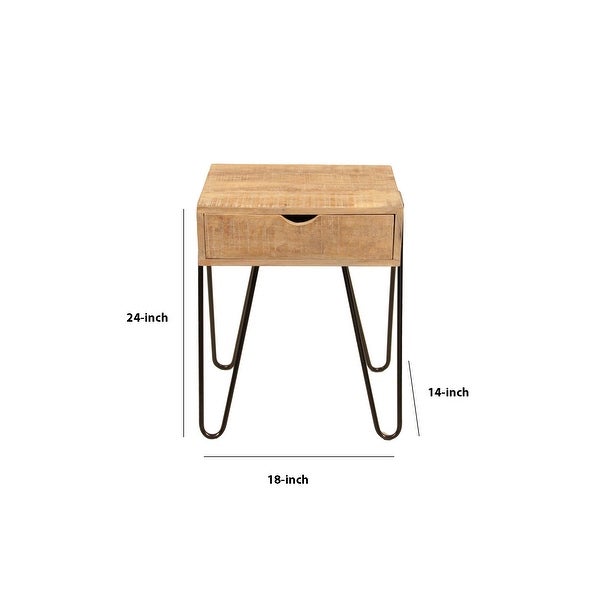 1 Drawer Wooden Side Table with Metal Hairpin Legs, Brown and Black