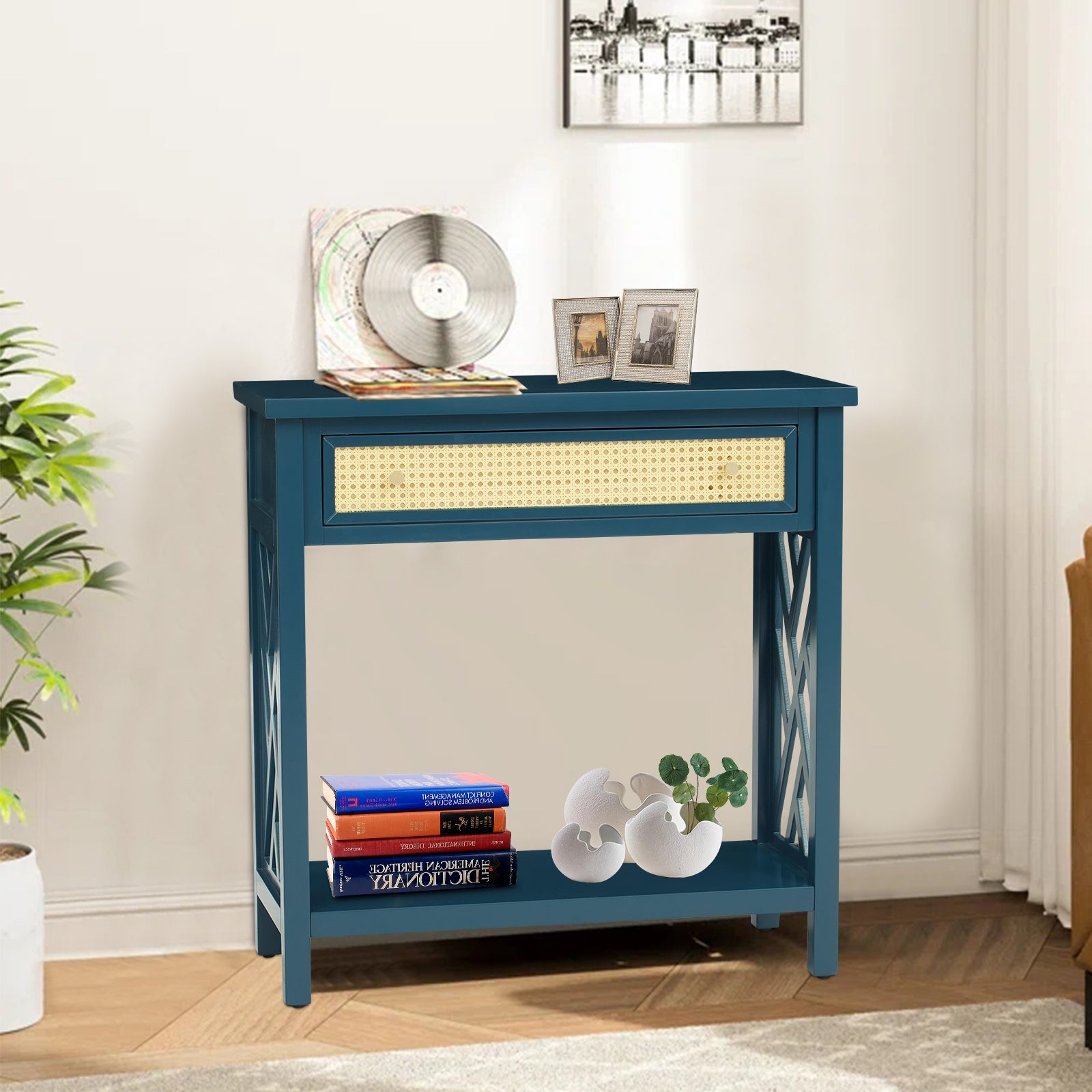 Kinbor Wood Console Table with Rattan Drawer and Bottom Shelf, Modern Sofa Table Entry Hallway Table for Living Room Bedroom