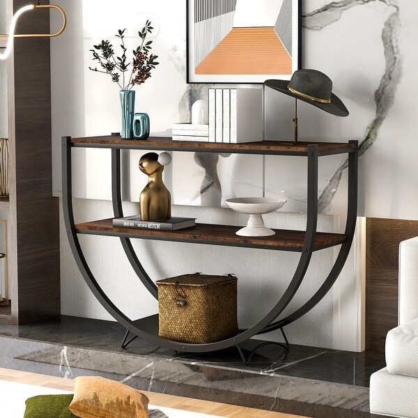 Industrial Demilune Textured Metal Wood Console Table,Distressed Brown
