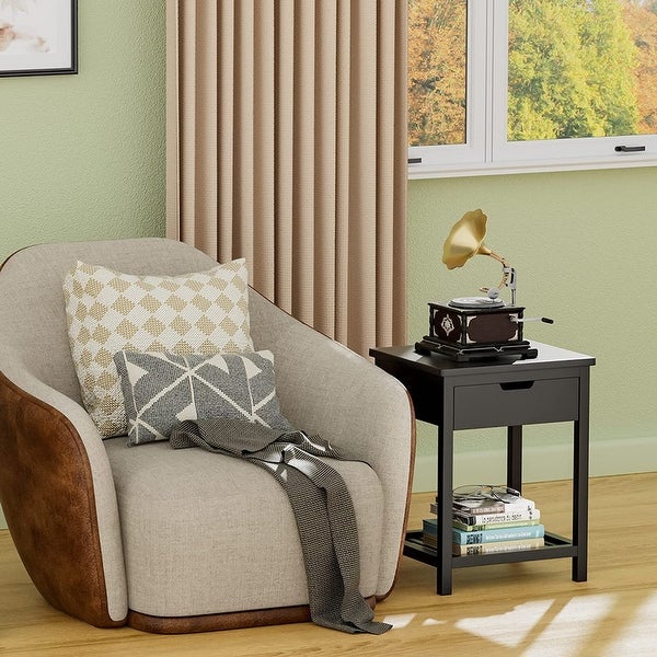 Modern Square End Table with Drawer and Open Shelf, Black