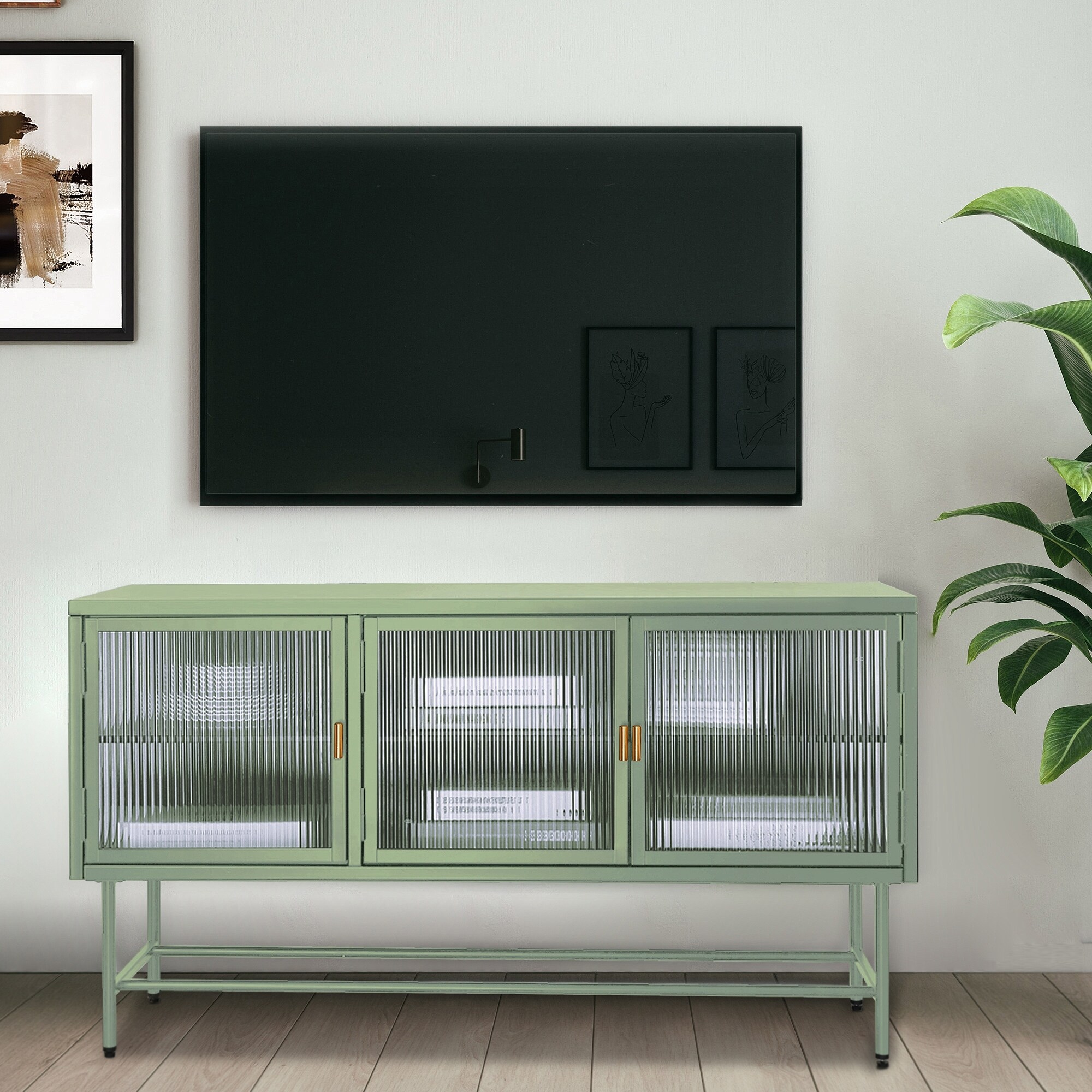 TV Console Table with Enclosed Storage, Wide Countertop Glass Doors, Detachable Shelves