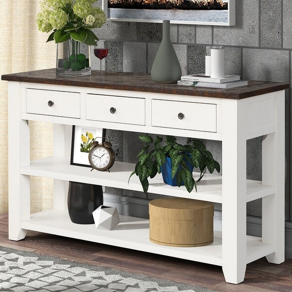48'' Solid Pine Wood Top Console Table, Modern Entryway Sofa Side Table with 3 Storage Drawers and 2 Shelves
