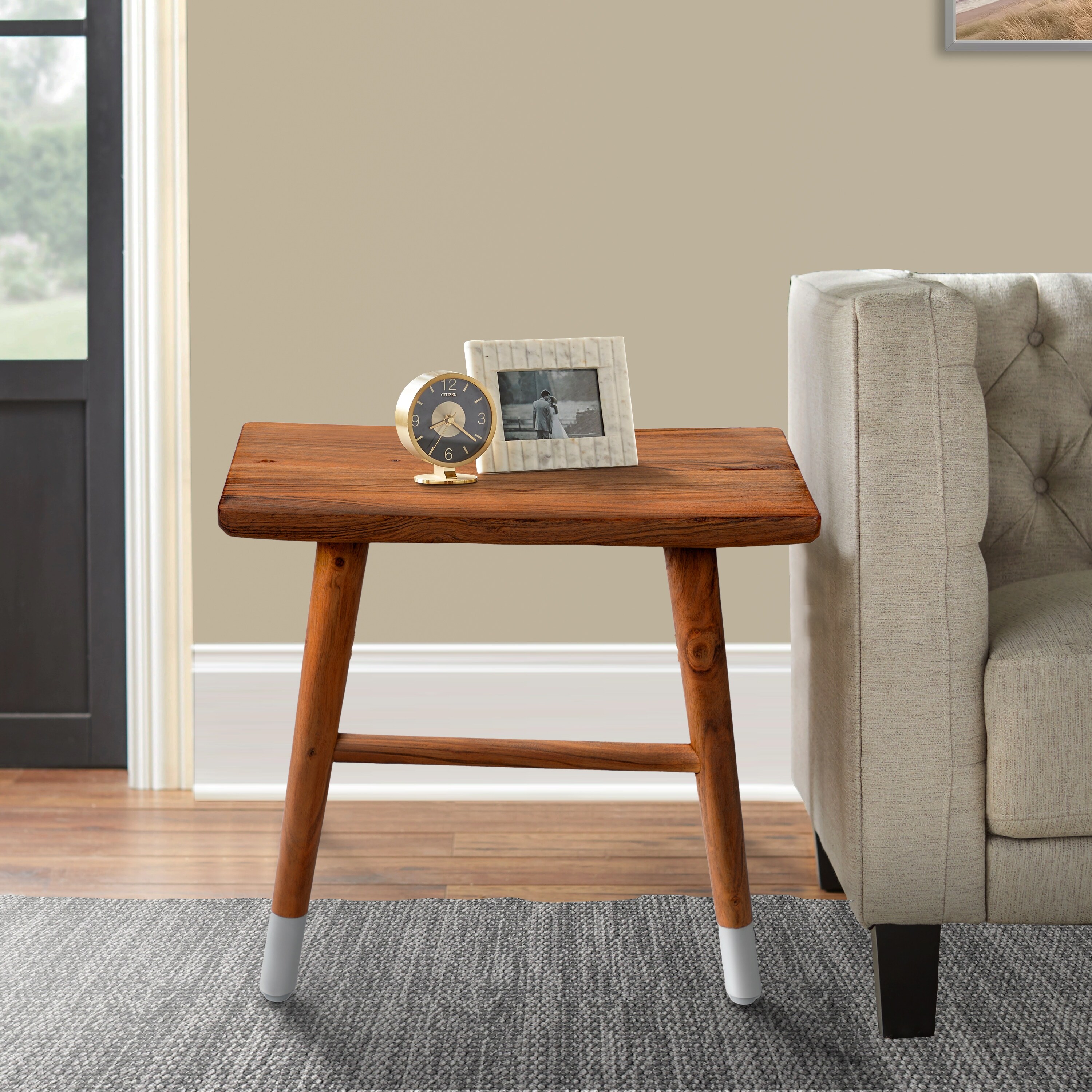 18 Inch Rectangular Acacia Wooden Side Table with Angled Legs, Warm Brown