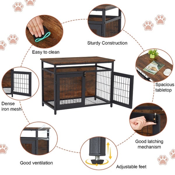 Dog Crate Furniture with Double Doors, Wooden Dog Crate, Indoor Dog Kennel w/ Metal Wire Mesh, Pet Crate End Table