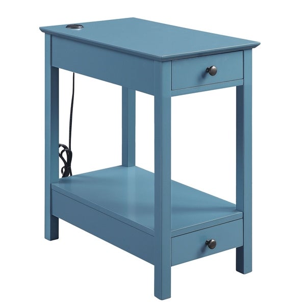 Wooden Frame Side Table with 2 Drawers and 1 Bottom Shelf, Teal Blue
