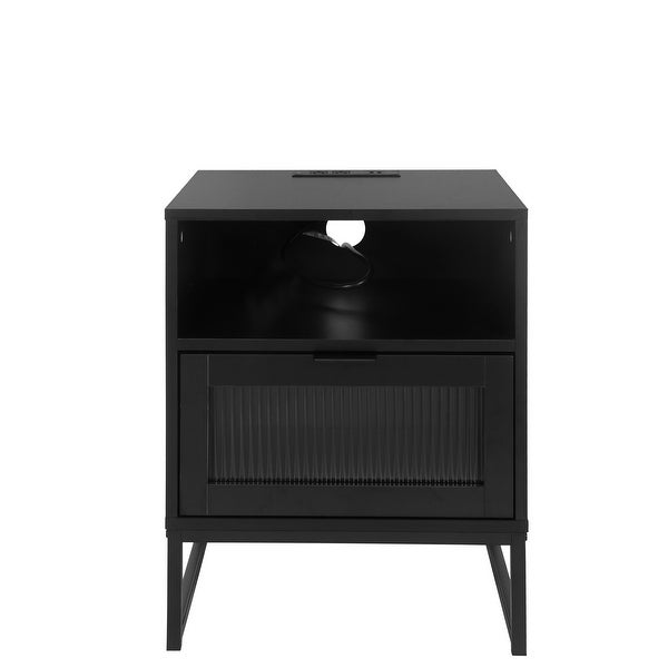 Nightstand with LED Lights Drawer, Black Bedside Table for Bedroom