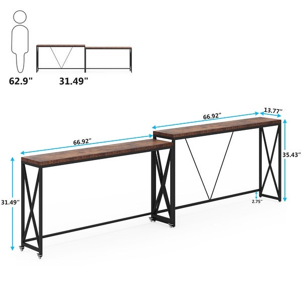 Industrial Sofa Table Set of 2, Narrow Long Sofa Console Tables with Wheels for Entryway
