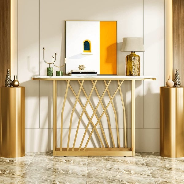 Luxurious Gold Console Table, Faux White Marble and Metal