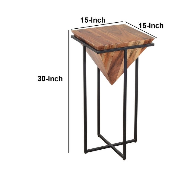 30 Inch Pyramid Shape Wooden Side Table With Cross Metal Base, Brown and Black - 30 H x 15 W x 15 L Inches