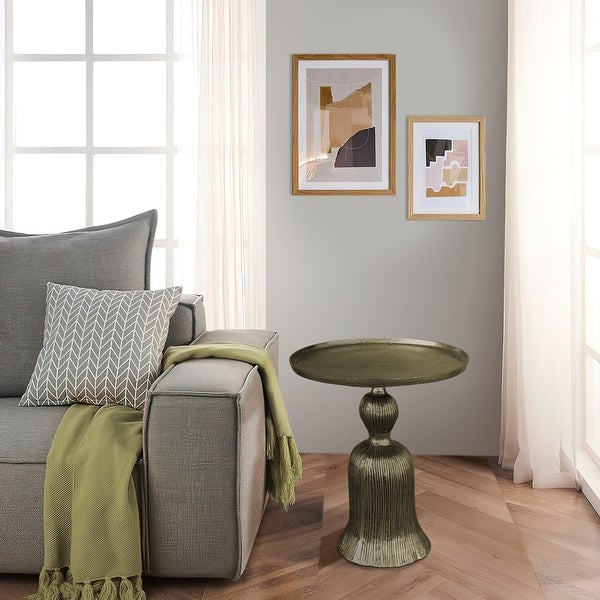 23 Inch Classic Vintage Accent Side Table, Round Tray Top, Aluminum, Pedestal Base, Ridges, Antique Brass