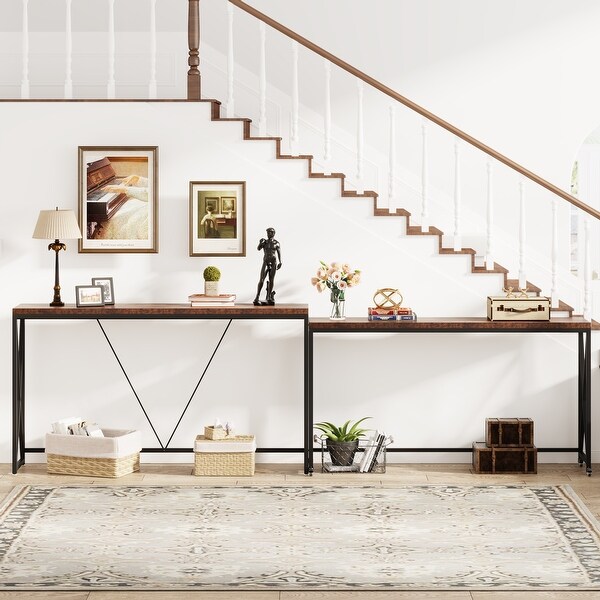 Industrial Sofa Table Set of 2, Narrow Long Sofa Console Tables with Wheels for Entryway