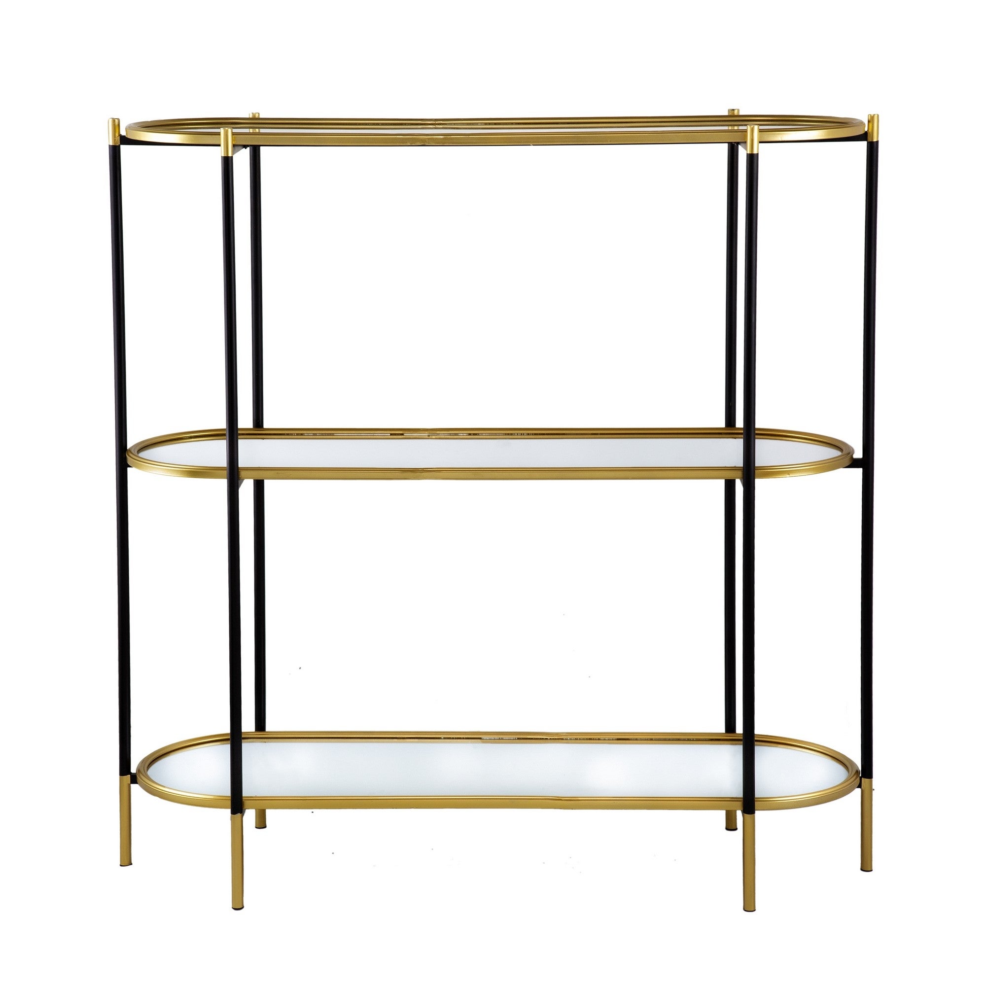 50 Inch Console Table, 3 Tier, Oblong Shaped Mirrored Top, Gold Iron Frame