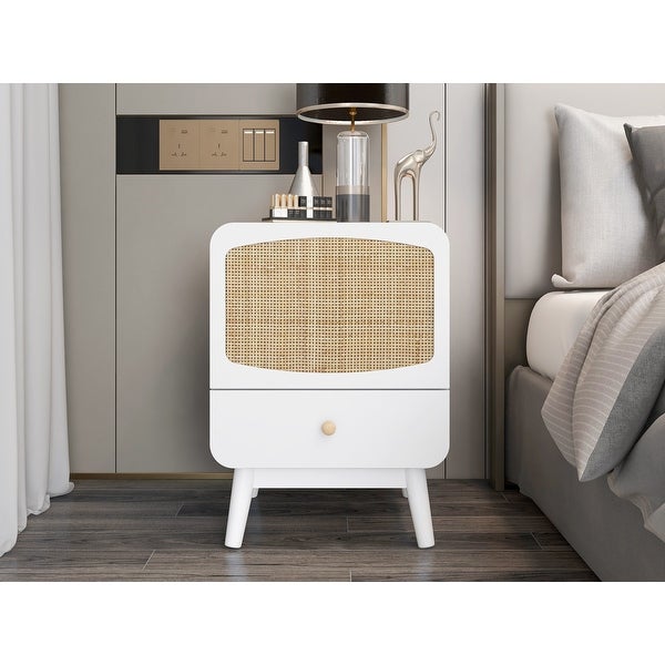 White Nightstand, Bedside Table with Storage Drawe Rattan Door