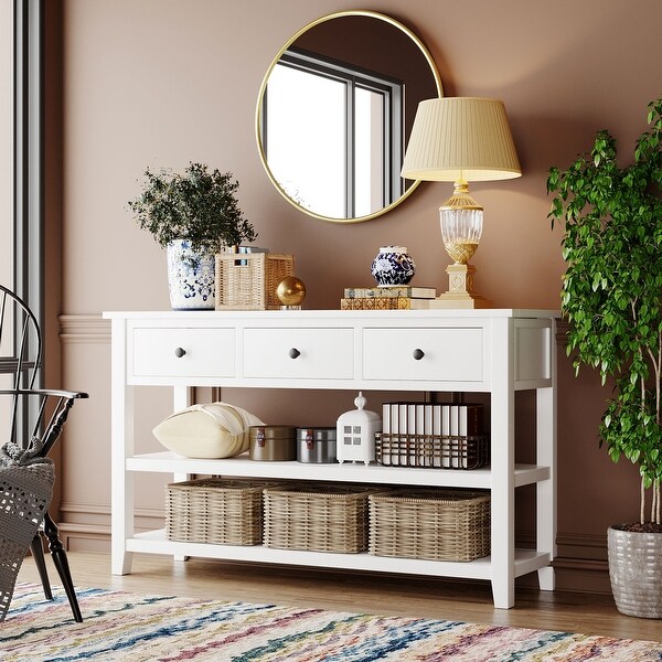 Retro Design Console Table with Two Open Shelves , Solid Pine Frame and Legs