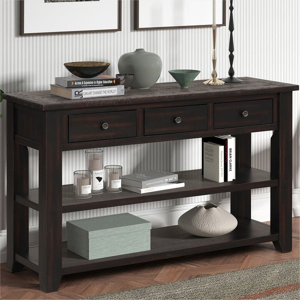 48'' Solid Pine Wood Top Console Table, Modern Entryway Sofa Side Table with 3 Storage Drawers and 2 Shelves. Easy to Assemble