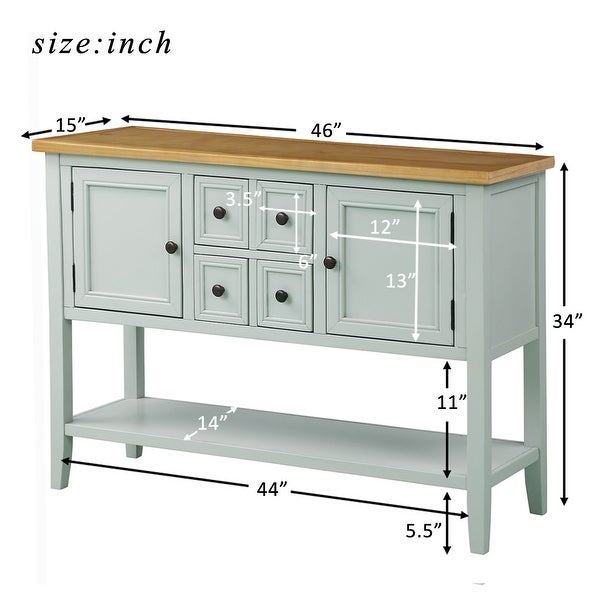 Wooden Console Table with 4 Storage Drawers and 2 Cabinets, Sofa Table with Bottom Shelf and Solid Wood Legs, Lime White