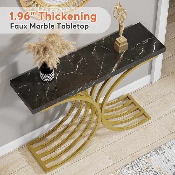 X-Base Gold Console Table, Narrow Sofa Accent Table with Marble Top for entrance, Hallway - 43'' L x 11.8'' D x 32”H