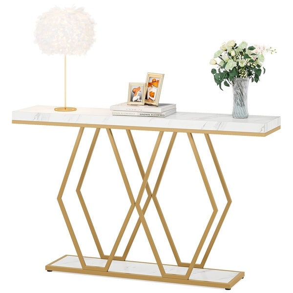 55 Inch Gold Console Table, Modern Entryway Sofa Table with Fuax Marble Finish