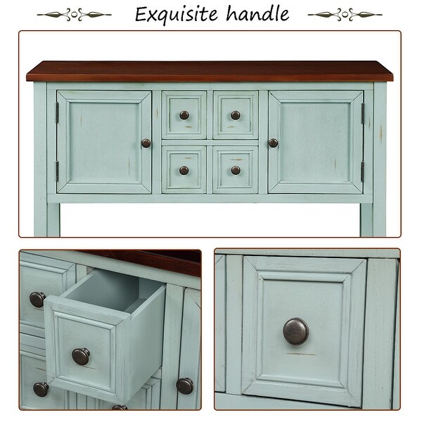 Wooden Console Table with 4 Storage Drawers and 2 Cabinets, Sofa Table with Bottom Shelf and Solid Wood Legs, Retro Blue