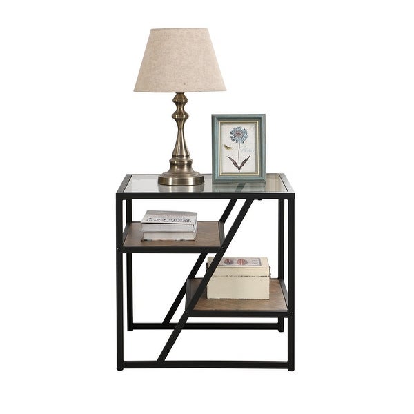 Side Table, End Table with Storage Shelf, Tempered Glass Coffee Table with Metal Frame