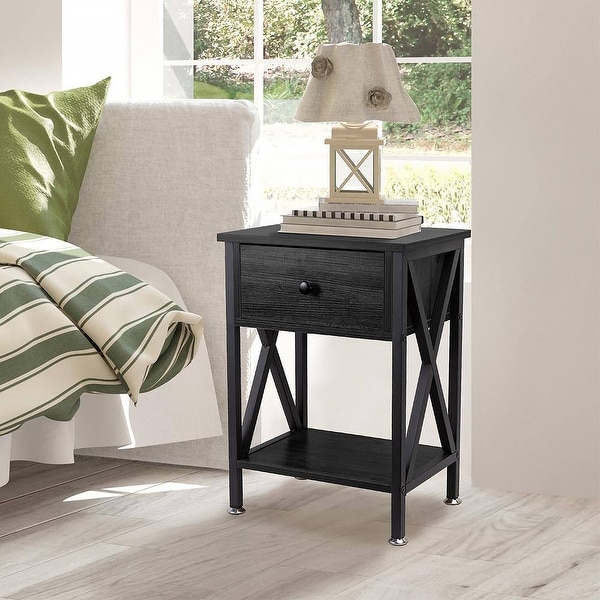 Nightstand with Drawer and Open Storage Shelves, Bedside End Table for Bedroom Living Room