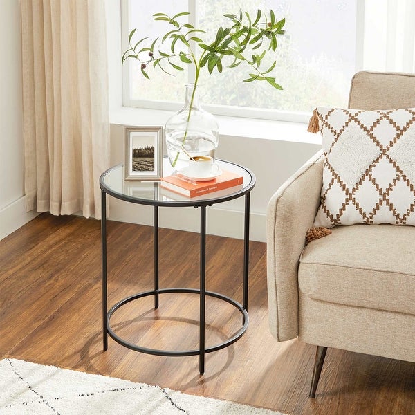 Round Side Table, Glass End Table with Metal Frame, Small Coffee Accent Table, Bedside Table, Modern Style - 19.7
