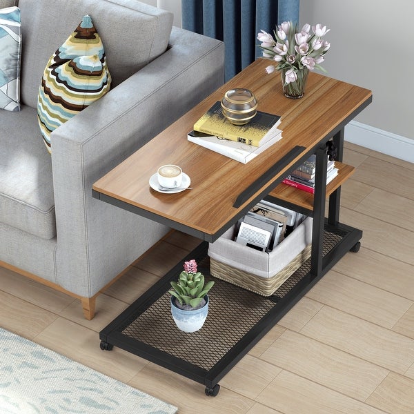 Height Adjustable C Table, Sofa Side Tables, Mobile End Table with Storage Shelves