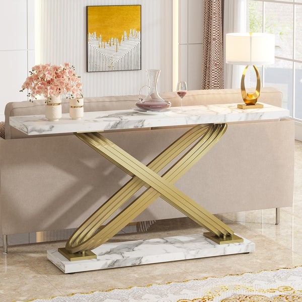 55’’ Long Sofa Table, Faux Modern Marble Console Table Behind Sofa Couch