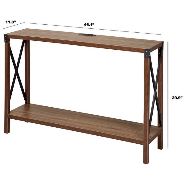 Industrial Rectangular Wood Console Table with AC Power and USB Charging Ports, Walnut