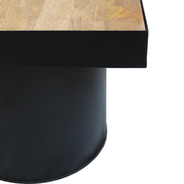21 Inch Wooden Side Table with Block Metal Base, Brown and Black