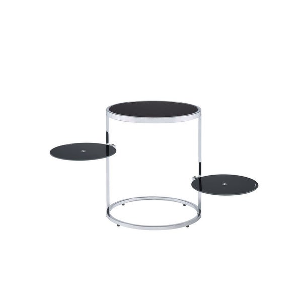 Round Side Table 2 Swiel Tier Shelf Open Frame Tempered Glass Side Table, Black and Chrome Finish