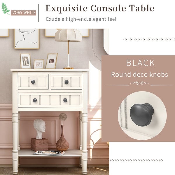Narrow Console Table with 3 Storage Drawers and Black Round Deco Knobs, Slim Sofa Table with Bottom Shelf, Ivory