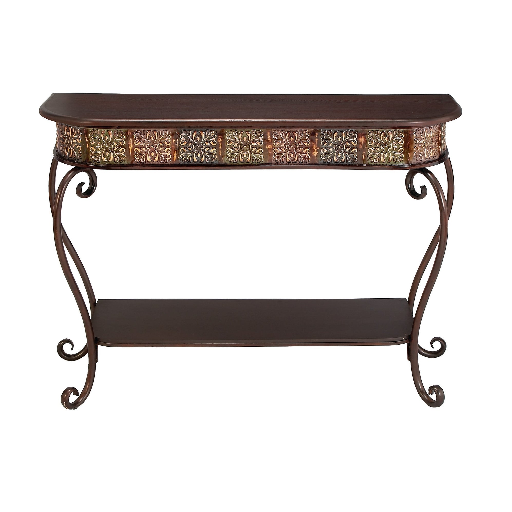 Traditional Brown Wood and Metal Console, Entryway, Hallway Table with Ornate Detailing and Round Edges, 43