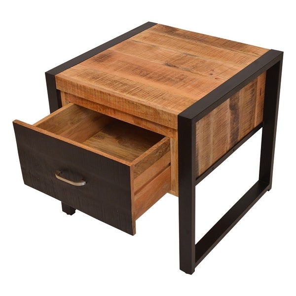 24 Inch Single Drawer Wooden Side Table with Metal Frame, Brown and Black