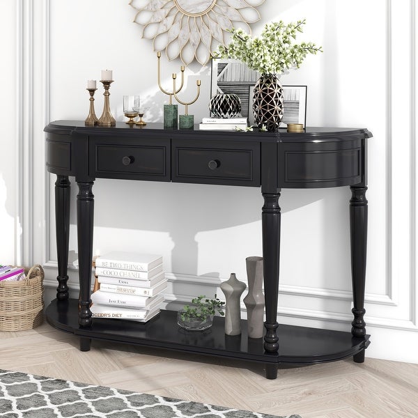 Retro Romanesque Style Curved Design Solid Wood Console Table, Entryway Table with 2 Top Drawers and Open Shelf for Living Room