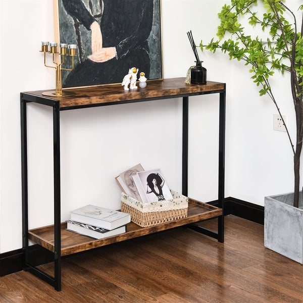 2-tiers Storage Shelf Console Table Antique Brown Rectangle End Table with Metal Frame Side Table for Living Room,Bedroom
