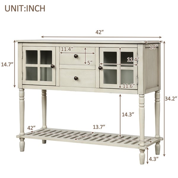 Farmhouse Distressed Sideboard Buffet Console Table with 2 Glass Front Cabinets, 2 Drawers and Slatted Bottom Shelf