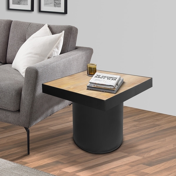 21 Inch Wooden Side Table with Block Metal Base, Brown and Black